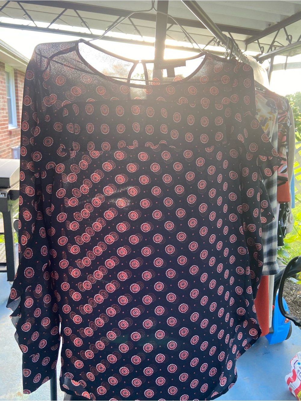 Banana Republic Black Sheer Long-Sleeve Top with Pink Circular Print